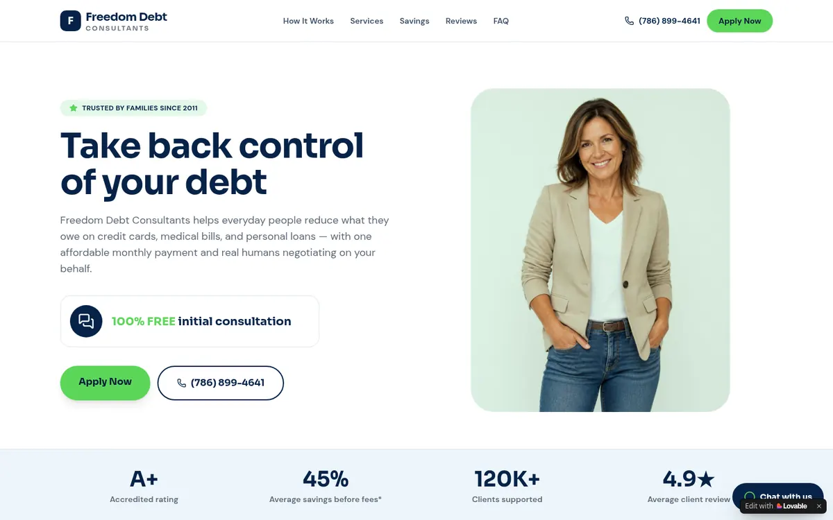 Freedom Debt Consultants website, desktop view