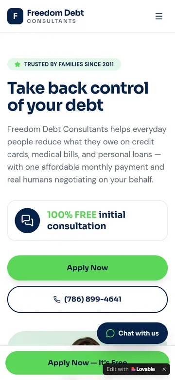 Freedom Debt Consultants website, mobile view